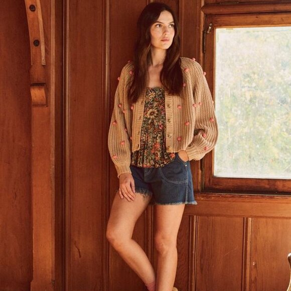 NWT The Great. Bobble Fisherman Knit Cardigan in Sand and Berry Size 0 - Picture 3 of 11